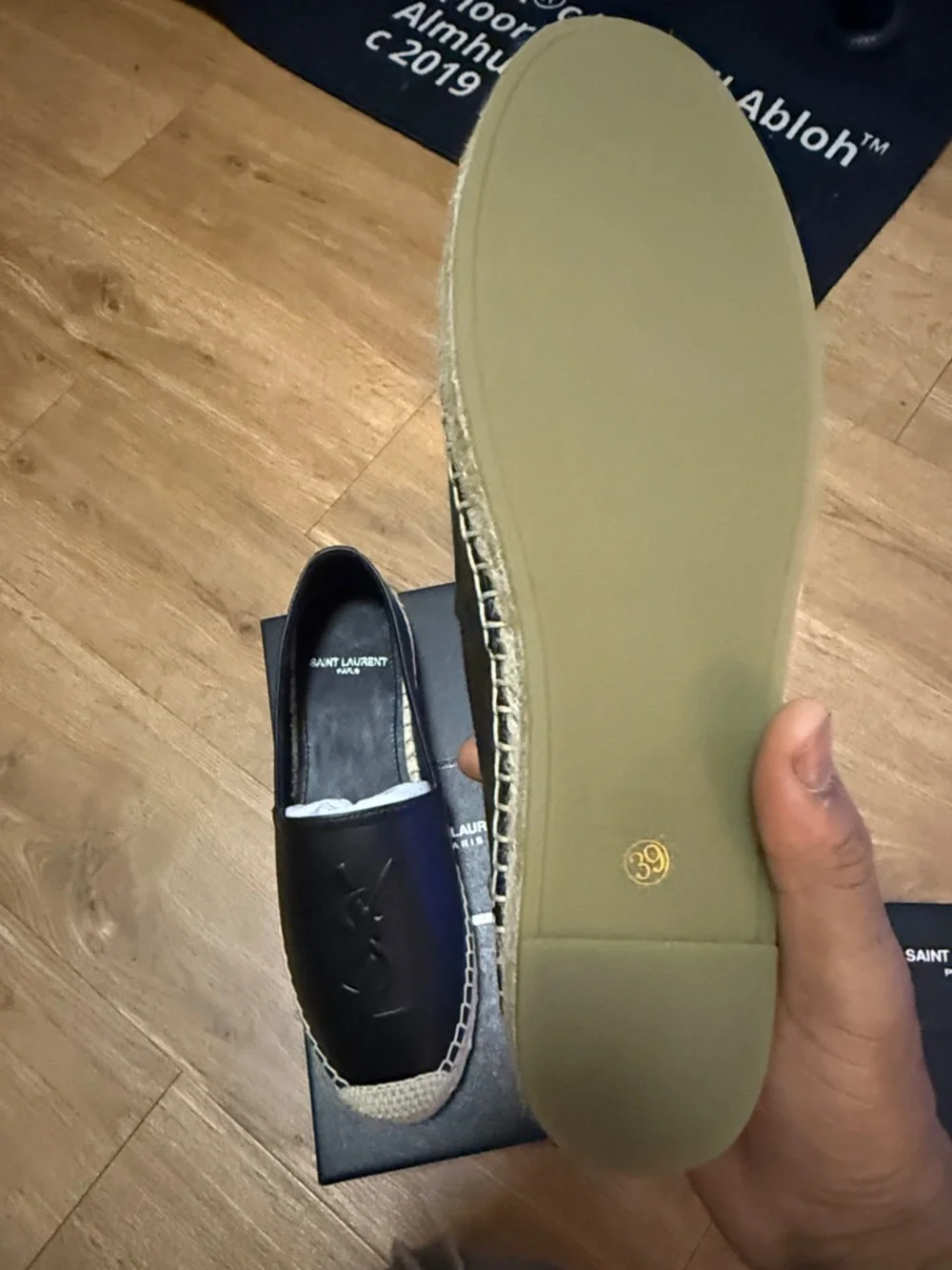 Saint Laurent Black Leather Espadrille Slip-Ons with Natural Raffia Toe - Picture 2 of 4